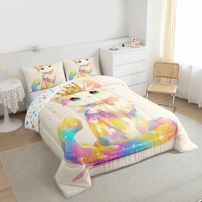 Cartoon Cat Comforter Set King Size Bedding Sets Watercolor 3D Anime Bed Comforter, Cute Pets Toddler Comforter for Animal Lovers Enthusiast Kawaii Anime Decor Design Quilt for Girls Kids Teens