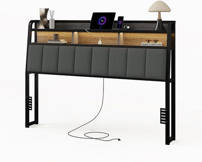 Queen Headboard Only with Storage, Upholstered Headboards for Queen Size Bed with LED Light, Charging Station, Height Adjustable, Sturdy and Stable Headboard, Black & Grey