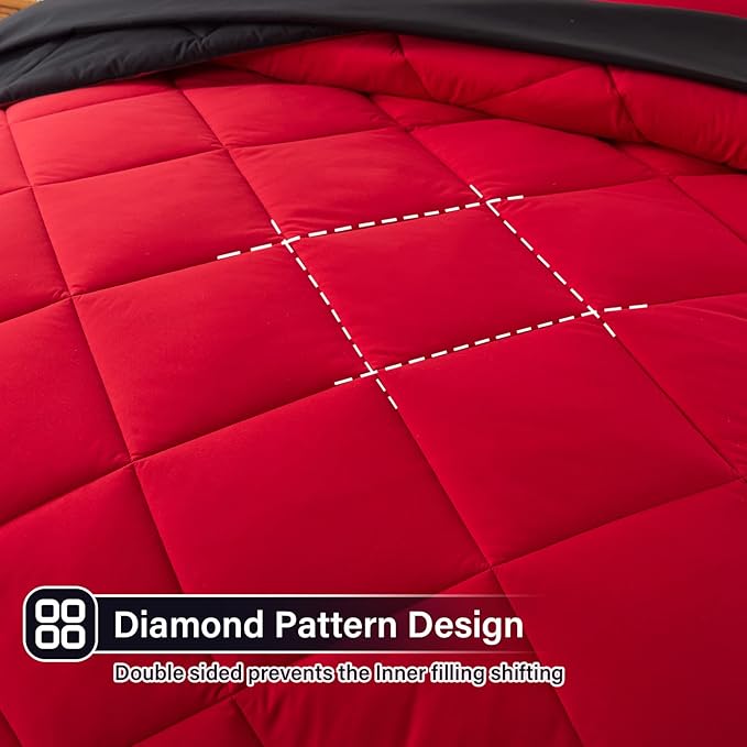 Cosybay Bed in a Bag Full Reversible Comforter Sets 7pcs All Season Down Alternative Bedding Sets Red and Black with Comforter, Pillow Shams, Flat Sheet, Fitted Sheet and Pillowcase