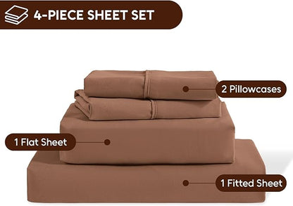 King Size Sheets Set, 4 Pieces Hotel Luxury Soft Microfiber Bed Sheets Set, Up to 16" Deep Pockets, Oeko-Tex Sheets with Elastic, Breathable, Wrinkle Free (Brown,King)
