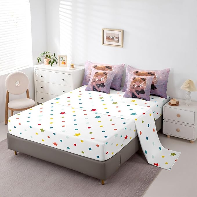 Erosebridal Bow Girls Bedding Set Pink Kawaii Cartoon Anime Kids Twin Comforter Set 7 Piece,Romantic Aesthetic Princess Bed in A Bag Japanese Style Girl Bed Set