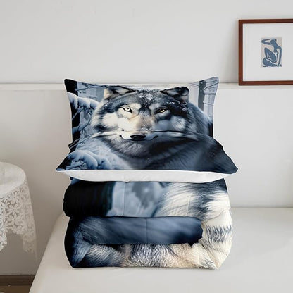 Castle Fairy Wolf Comforter Set Queen Size,Nature Wild Animals Quilt Set 3pcs,3D Print Winter Snow View Bedding Set for Kids Teens Adults Home Decor,White Black Microfiber with 2 Pillowcases