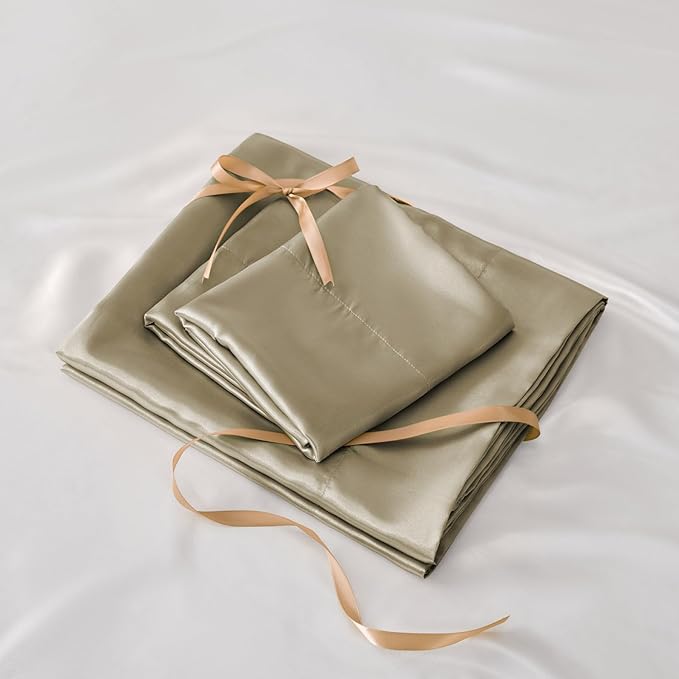 BEDELITE Satin Sheets Full Size Bed Set, Luxury Soft Taupe Silky Sheets for Hair and Skin, Similar to Silk Bed Sheets Set 4 Pieces with 1 Deep Pocket Fitted Sheet, 1 Flat Sheet, and 2 Pillowcases
