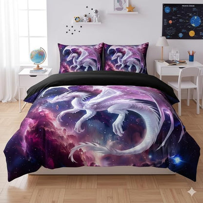 Pink White Western Dragon Comforter Set King Size Castle Fairy Cartoon Bedding Set for Kids Boys Teens Women Decor 3D Animals Quilt Set