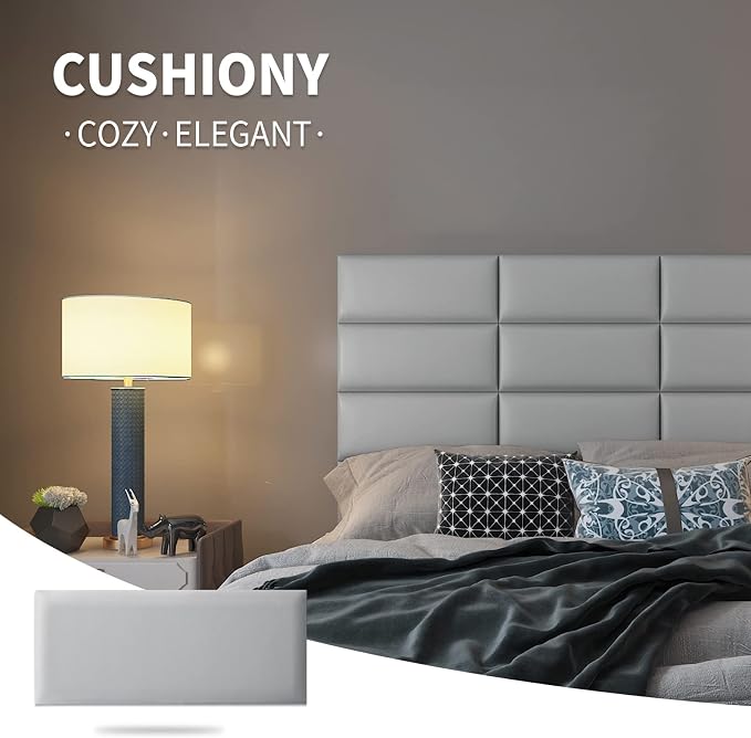 Art3d 4-Pack Peel and Stick Upholstered Headboard, 9.85 x 23.62 in, Grey | Self Adhesive, Upholstered Padded Panels, Fits Multiple Bed Sizes, Sound Absorbing, Ideal for Bedroom