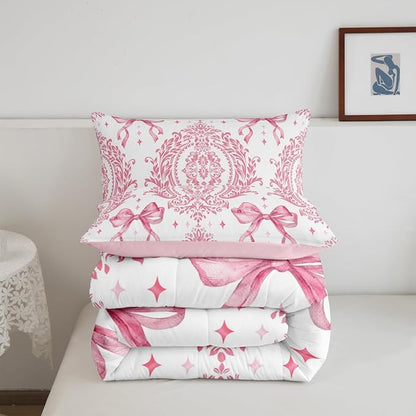 Feelyou Girls Pink Bowknot Comforter Set Queen Size Gothic Damask Comforter Victorian-Themed Bedding Set Baroque Duvet Set Vintage Floral Quilt Set 3Pcs