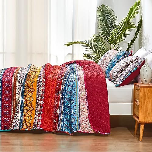 WONGS BEDDING Boho Quilt Queen Size,3 Pcs Bedspread Set, Red