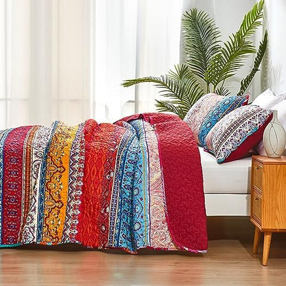 WONGS BEDDING Boho Quilt King Size,3 Pcs Bedspread Set, Red
