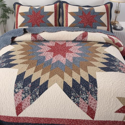 vctops Vintage Star Patchwork Cotton Bedspread Quilt Set (Navy,Queen)