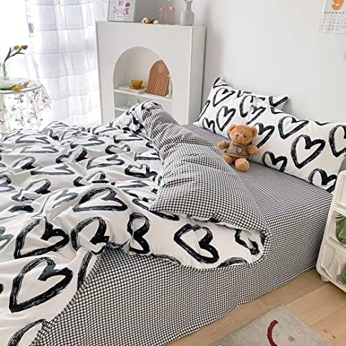 Wellboo Love Comforter Sets King Black and White Bedding Comforters Cotton Women Girls Heart Shaped Bed Quilts Brush Ink Love Pattern Quilts Adults Girls Modern Kawaii Black White Dorm Comforters