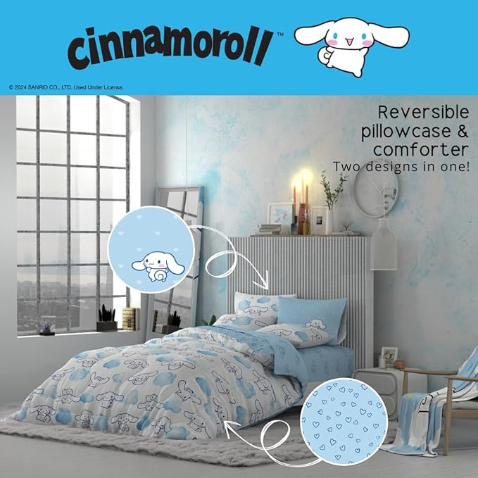 Cinnamoroll Bedding 5 Piece Super Soft Cozy Reversible Comforter and Sheet Set with Sham, Twin, (100% Official Licensed Product) by Franco