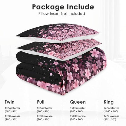 Twin Size Comforter Set with Pillowcase, Spring Cherry Pink Flower Tree Soft 2 Pcs Bedding for Kids and Adults Bedroom Bed Decor