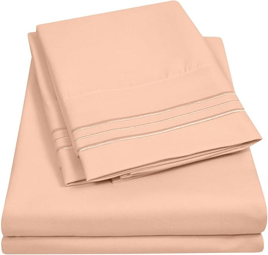King Size Sheet Set with Built-in Sheet Straps - Deep Pocket Fitted Sheet, Flat Sheet & Pillowcases - Soft, Wrinkle-Free, Secure Fit - Peach