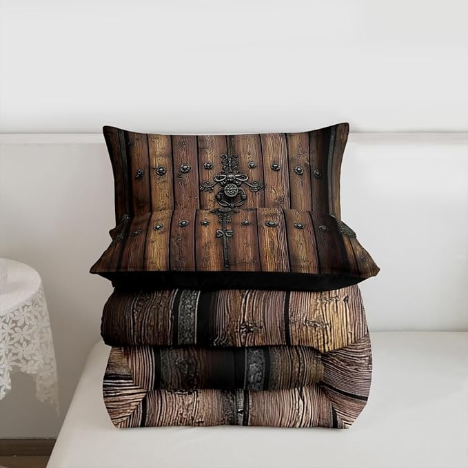 Castle Fairy Knight Walls Boys Girls Comforter Set Full Size,Medieval Themed Wall Duvet Set Teens Bedroom Decor,Retro Wooden Board Microfiber Soft Bedding with 2 Pillowcases