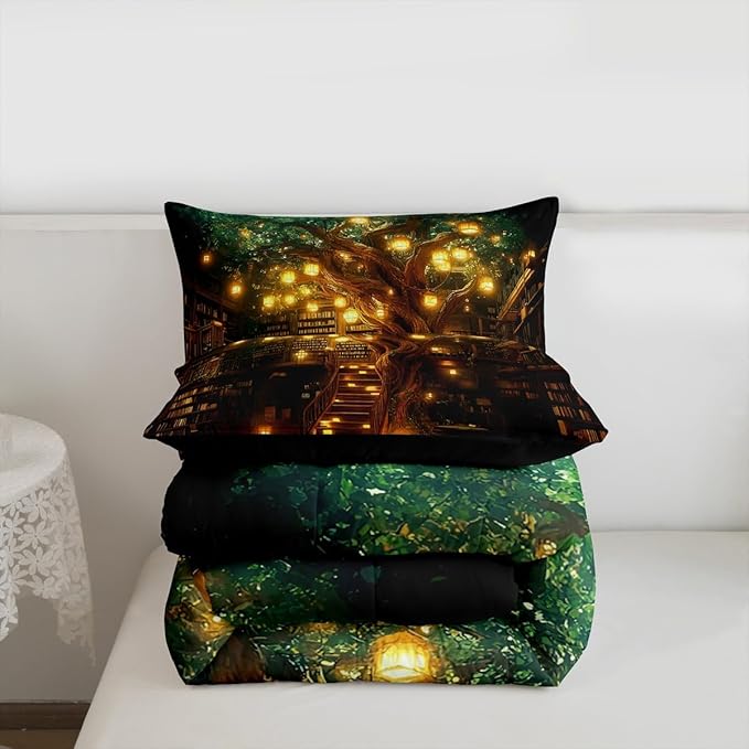 Castle Fairy Bookshelf Bookcase King Size Comforter/Duvet Set,Magical Mysterious Style Ultra Soft Bed Collection,Modern Building Trees Bedding for Room Decor 3 Pcs,Microfiber Breathable
