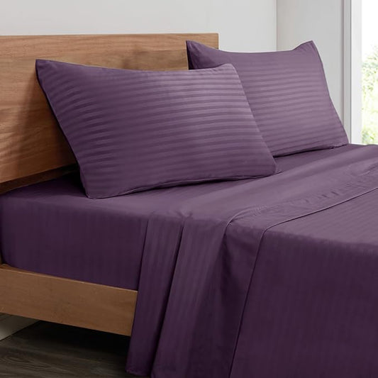Mejoroom Striped Full Size Sheets – Extra Soft Full Size Bed Sheets - 16inches deep Pocket Full Sheet Set, Breathable, Wrinkle, Fade and Stain Resistant - 4 Piece (02-Purple)