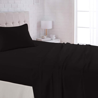 Amazon Basics Lightweight Breathable Super Soft Easy Care Wrinkle Resistant Brushed Microfiber 3 Piece Bed Sheet Set with 14-Inch Deep Pockets, Twin, Black, Solid