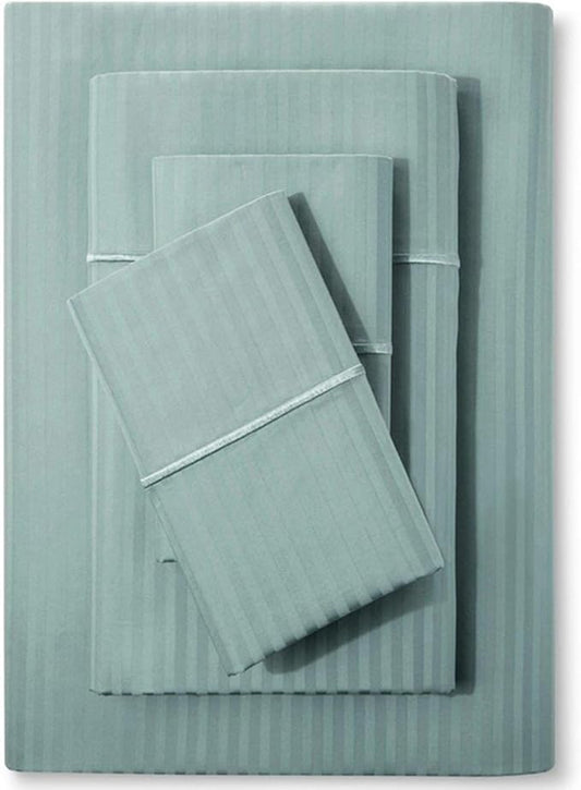 Feather & Stitch 500 TC King Size Bed Sheet Set, 100% Cotton Soft Breathable Bedsheets, 4 Piece 18" Deep Pockets Sateen Weave Striped Bedding Mattress Resort Hotel Luxury - (Granite Green Stripe)