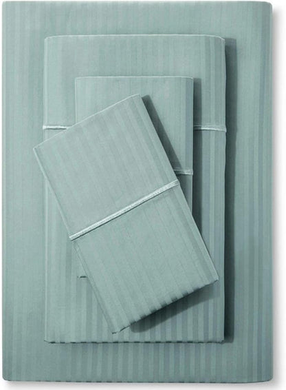 Feather & Stitch 500 TC California King Size Damask Bed Sheet Set,100% Cotton Soft Breathable Bedsheets 4 Piece 18" Deep Pockets Sateen Weave Striped Bedding - (Granite Green Stripe)