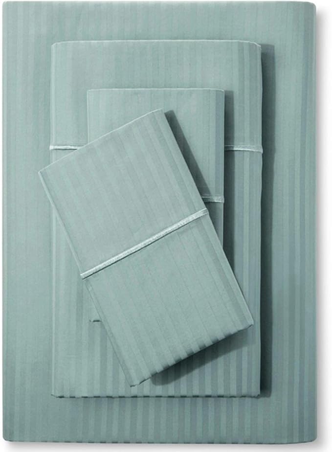 Feather & Stitch 500 TC Queen Size Bed Sheet Set, 100% Cotton Soft Breathable Bedsheets 4 Piece 18" Deep Pockets Sateen Weave Striped Bedding Mattress Resort Hotel Luxury - (Granite Green Stripe)