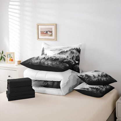 Erosebridal Black Gray Misty Forest Queen Comforter Set with Sheets 7 Piece Grey White Foggy Mountain Bed in A Bag Rustic Woodland Pine Trees Bedding Sets for Kids Adults,Watercolor Nature Bed Set