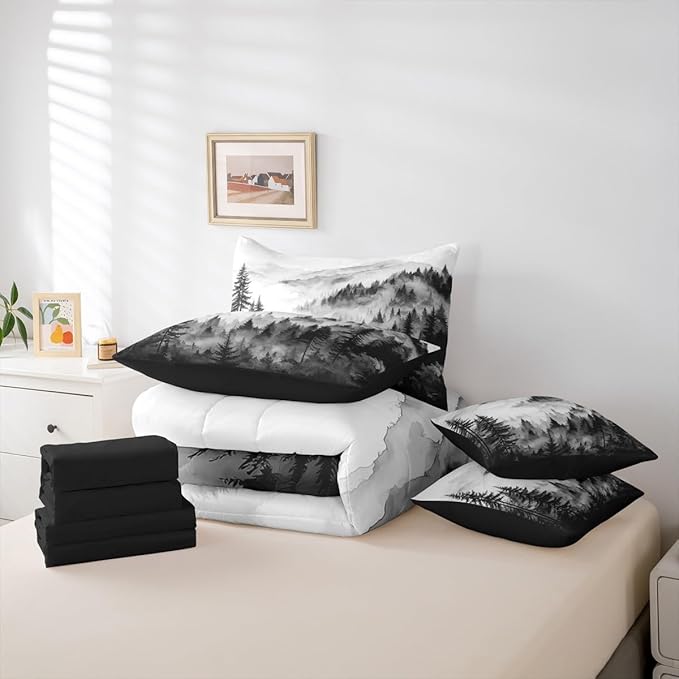 Erosebridal Black Gray Misty Forest Twin Comforter Set with Sheets 7 Piece Grey White Foggy Mountain Bed in A Bag Rustic Woodland Pine Trees Bedding Sets for Kids Adults,Watercolor Nature Bed Set