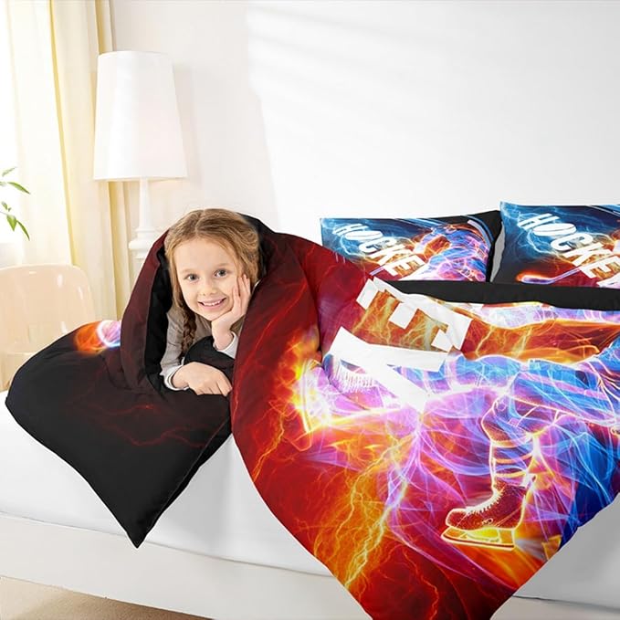 Ice Hockey Comforter Set Full, Puck Hockey Player Bedding Sets for Kids Boys Girls Teens, Red Blue Lightening Duvet Insert, Winter Sports Game Down Comforter Bedroom Decor for All Season, 3 Pieces