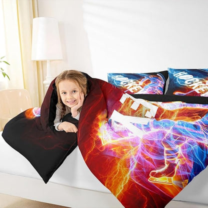Ice Hockey Comforter Set King, Puck Hockey Player Bedding Sets for Kids Boys Girls Teens, Red Blue Lightening Duvet Insert, Winter Sports Game Down Comforter Bedroom Decor for All Season, 3 Pieces