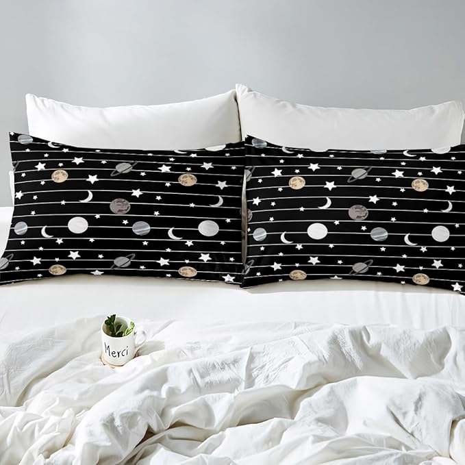 Cartoon Planet Bedding Set Starry Galaxy Duvet Cover Set Moon Night Comforter Cover Set Black White Lines Bedspread Cover Bedroom Quilt Cover 3Pcs Queen with 2 Pillowcase,No Comforter