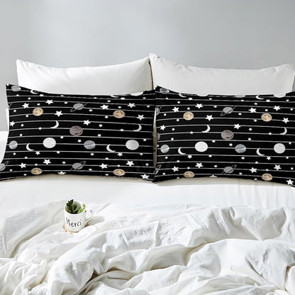 Cartoon Planet Bedding Set Starry Galaxy Duvet Cover Set Moon Night Comforter Cover Set Black White Lines Bedspread Cover Bedroom Quilt Cover 3Pcs Full with 2 Pillowcase,No Comforter