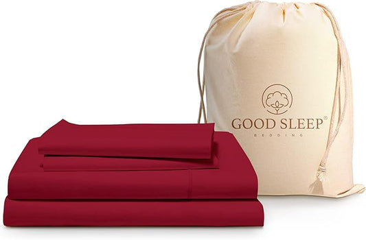 Good Sleep Bedding Egyptian Cotton - 4 Pc Cooling Bed Sheets, Solid Sateen Weave, Ultra Soft 16" Deep Pocket, Burgundy Queen Sheets Set
