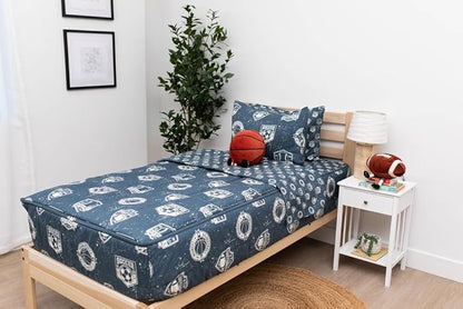 Beddy's Sports Theme Boys Durable Zipper Bedding for Kids, Bed in a Bag, Blue Sheets with Baseball, Football, Basketball, Soccer Comforter, Pillowcase & Pillow Sham, Easy to Make & Wash