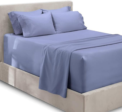 Hearth & Harbor Luxury Soft 6 Piece Bed Sheet Set Extra Deep Pocket Fitted Sheets Fits Mattress up to 21", Double Brushed Bedding, Split King Size, Steel Blue