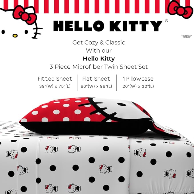 Collectibles Hello Kitty Polka Dot Bedding Super Soft Microfiber 3 Piece Twin Sheet Set, (Officially Licensed Product) by Franco