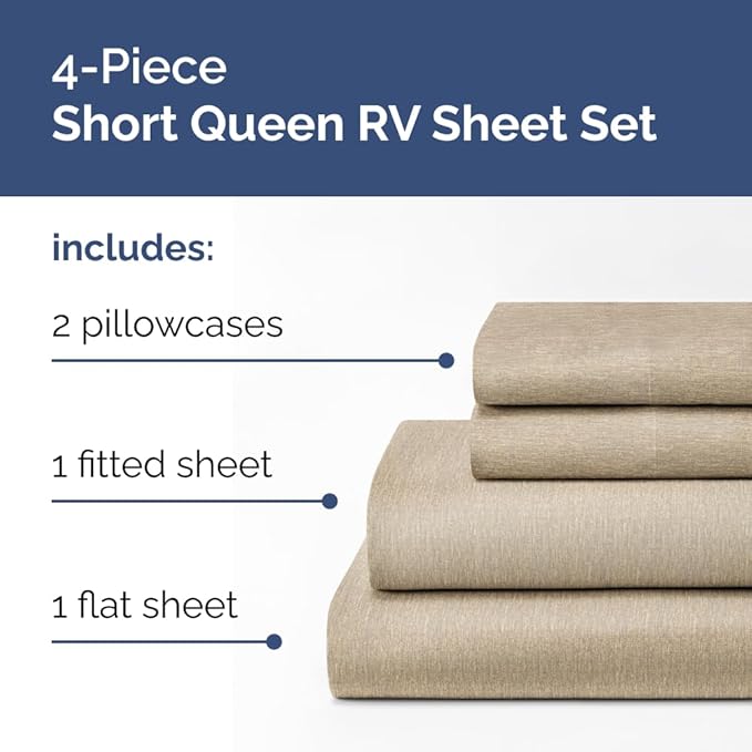 Short Queen Size 4 Piece Sheet Set - RV Short Queen, Soft, Breathable & Cooling Bed Sheets Set with Deep Pockets - Hotel Luxury Bedding for Women, Men, Kids, Teens, Boys and Girls - Heathered Beige