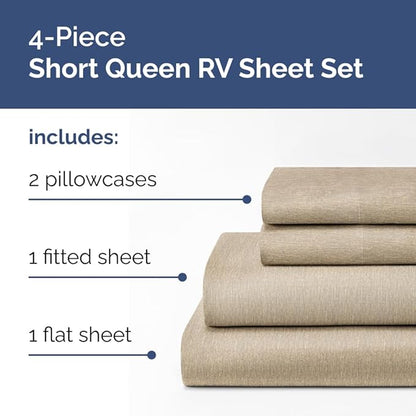Short Queen Size 4 Piece Sheet Set - RV Short Queen, Soft, Breathable & Cooling Bed Sheets Set with Deep Pockets - Hotel Luxury Bedding for Women, Men, Kids, Teens, Boys and Girls - Heathered Beige