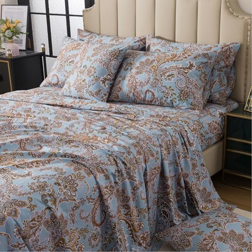 FADFAY Luxury Queen Percale Cotton Sheet Set – Elegant Vintage Blue Paisley Bedding, Ultra Soft & Breathable, Deep Pocket Fitted Sheet, Timeless French Country Heirloom Style, 4 Piece Set