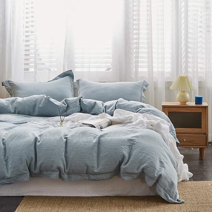 Simple&Opulence 100% Linen Duvet Cover Set with Embroidery Border Washed - 3 Pieces (1 Duvet Cover & 2 Pillow Shams) with Button Closure Soft Breathable Farmhouse - Dusty Blue, Queen Size