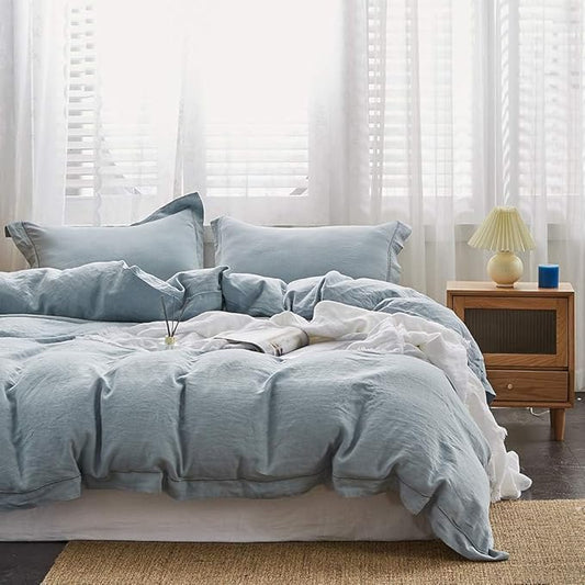 Simple&Opulence 100% French Flax Linen Duvet Cover Set with Embroidery Washed - 3 Pieces (1 Duvet Cover with 2 Pillow Shams) with Button Closure Soft Breathable Farmhouse - Dusty Blue, King Size