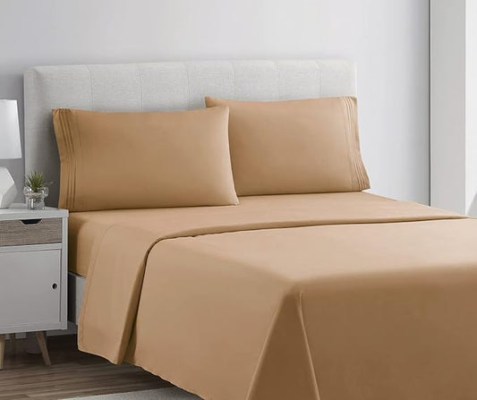 Clara Clark 1800 Premier Series 4pc Bed Sheet Set - King, Mocha Light Brown Carmel