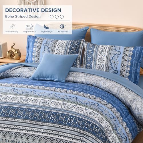Cottolester Boho Queen Comforter Set,Blue and Grey Striped Bed in a Bag