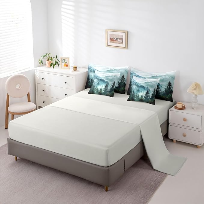 Erosebridal Foggy Mountain King Bed in A Bag 7 Piece Green Forest Pine Tree Comforter Set with Sheets Nature Misty Woodland Bedding Sets for Kids Adults,Flying Bird Bed Set
