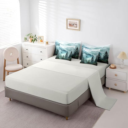 Erosebridal Foggy Mountain Full Bed in A Bag 7 Piece Green Forest Pine Tree Comforter Set with Sheets Nature Misty Woodland Bedding Sets for Kids Adults,Flying Bird Bed Set
