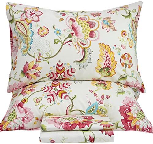 QSH Floral King Size Sheet Sets - Lotus Botanical Print Printed Bedding 100% Egyptian Cotton Sheets for King Size Bed Sheets with Deep Pockets Extra Soft and Breathable 4pcs