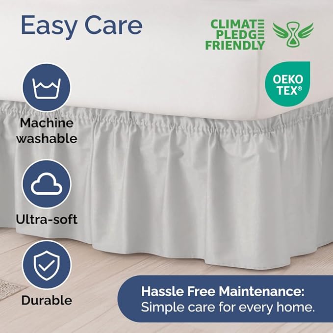 Wrap Around Dust Ruffle Bed Skirt - French Grey - for King Size Beds w/ 15 Inch Drop - Easy Fit Elastic Strap - Adjustable Pleated Bedskirt w/Brushed Fabric - Wrinkle Free, Women, Men, Kids & Teens