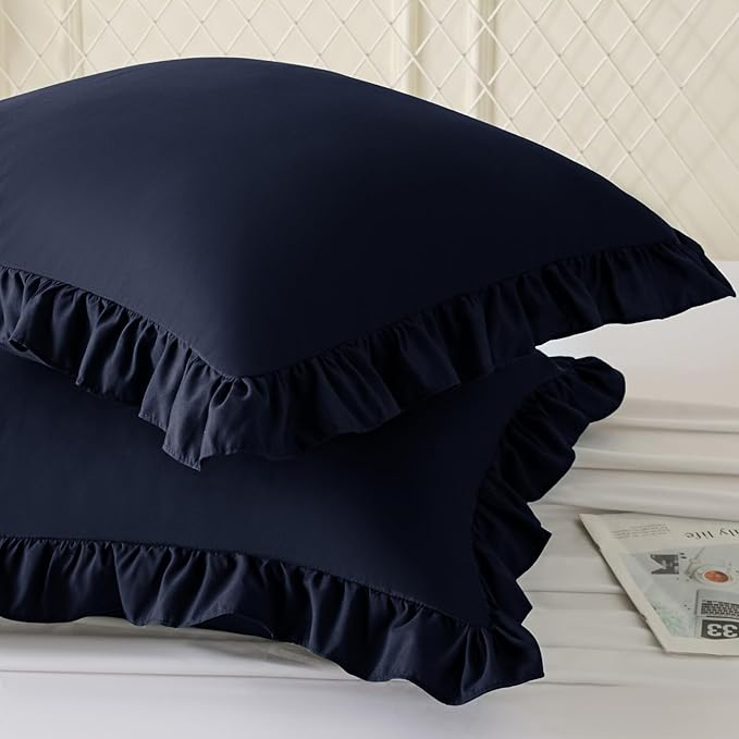 KKJIAF Ruffle Pillow Cases 26x26 Inches, Navy Blue Square Ruffled Pillow Covers Set of 2, Microfiber Wrinkle Resistant Pillow Shams with Envelope Closure for Sofa Bed Living Room