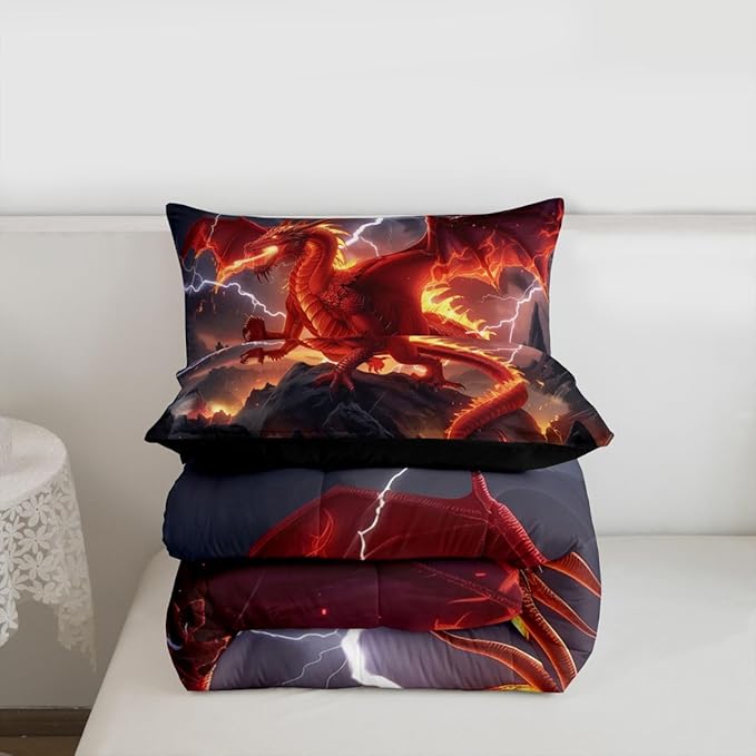 Castle Fairy Dragon Kids Comforter Set,Red Flame Bedding Set All Season,Cool Wild Animals Comforter 2 Pcs with 1 Pillowcase,Toddler Size