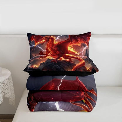 Castle Fairy Dragon Bedding Set for Boys Girls,Red Flame All Season Cozy Comforter Set Full Size,Cool Wild Animals Duvet Set Bedroom Decor,Personalized Birthday Gifts
