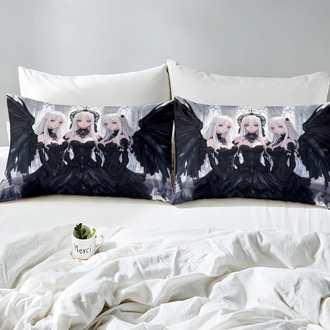 Erosebridal Japanese Anime Queen Size Fitted Sheet, Anime Girl Bedding Set Kawaii Japanese Style Bed Sheets Cartoon Japan Animation Bed Set for Boys Teens Adult Women Bedroom Decor, Black