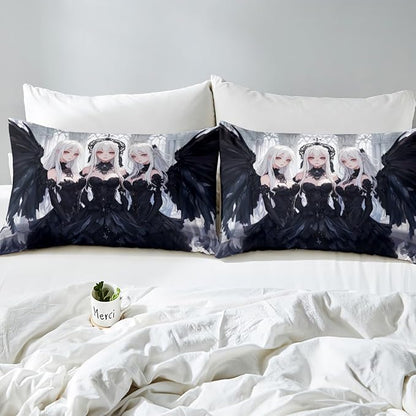 Erosebridal Japanese Anime Twin Size Fitted Sheet, Anime Girl Bedding Set Kawaii Japanese Style Bed Sheets Cartoon Japan Animation Bed Set for Boys Teens Adult Women Bedroom Decor, Black